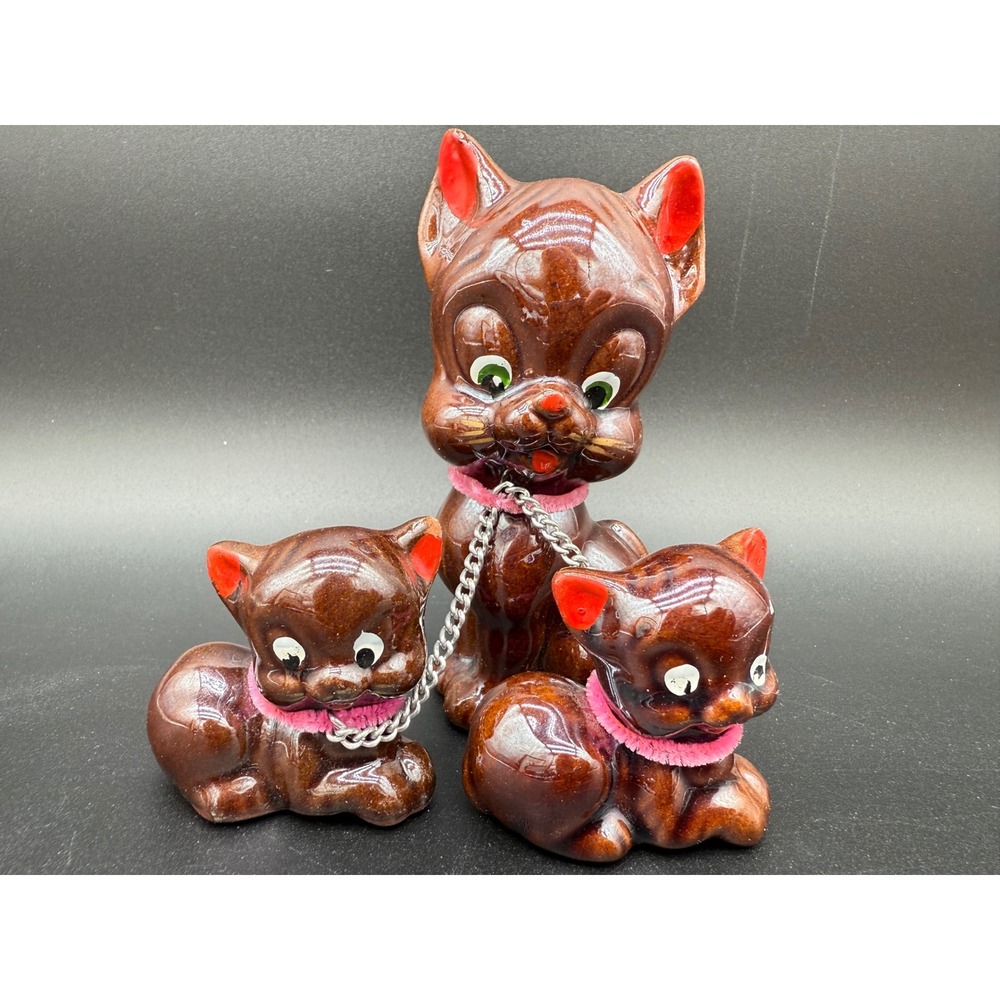 Vintage MCM Chained Mama and Kittens Cat Family Figurine Set Japan Brown 4"